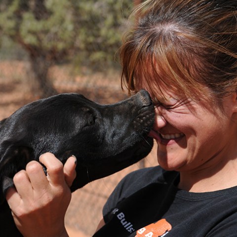a person holding a dog